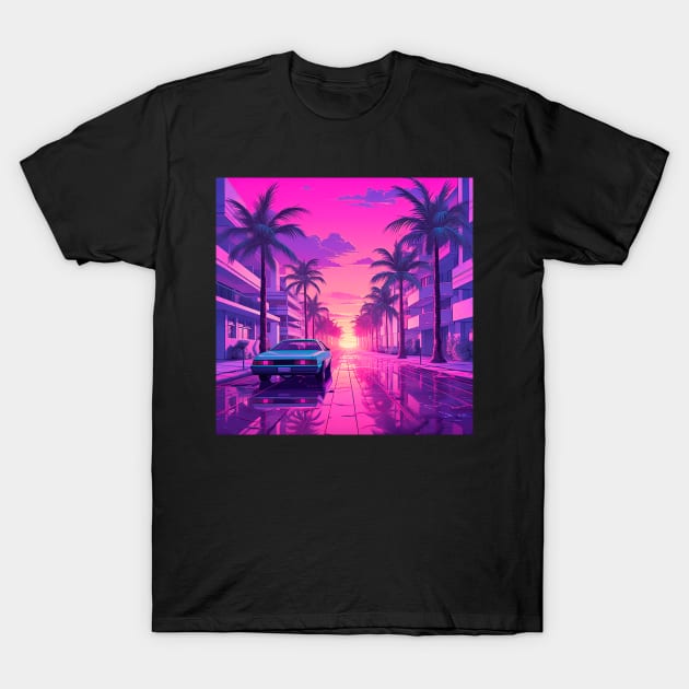 Vaporwave Retrowave Synthwave Vintage Sunset - Palm Trees - City - Retro Car T-Shirt by bullquacky